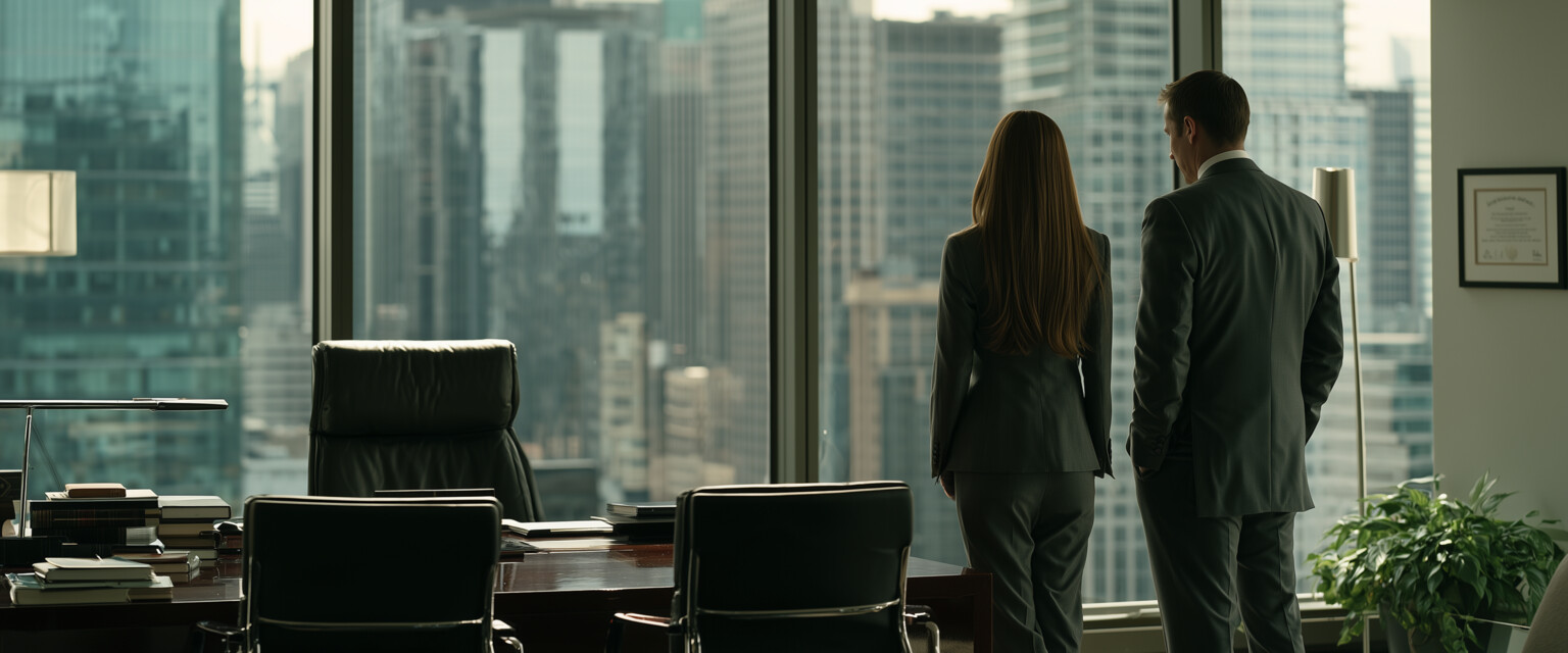 Two lawyers look out over the city from a corner office