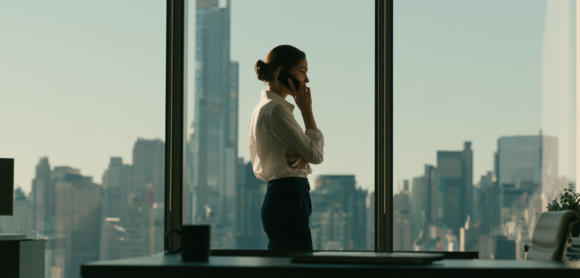 A lawyer takes a call at her office window overlooking the city